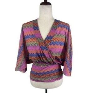 Johnny Heaven Top Chevron Pink Blue Surplice Blouse 3/4 Sleeve Size Medium